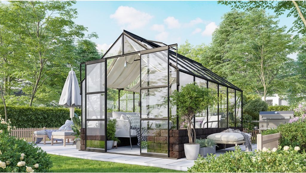 Vitavia Gewächshaus "Cassandra 9900" schwarz 9,9 m² mit Sockelmauer in herbstlaub, 3 mm ESG