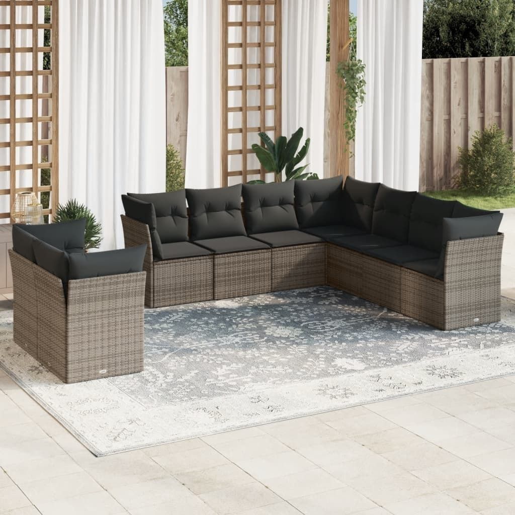 CLORIS 9-tlg. Garten-Sofagarnitur mit Kissen Grau Poly Rattan - Gartenmöbelgarnituren 422