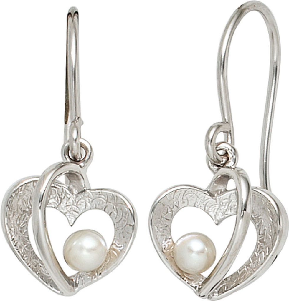 Ohrringe Ohrhänger Ohrhaken Herzen 925 Silber Süßwasser Perlen weiß