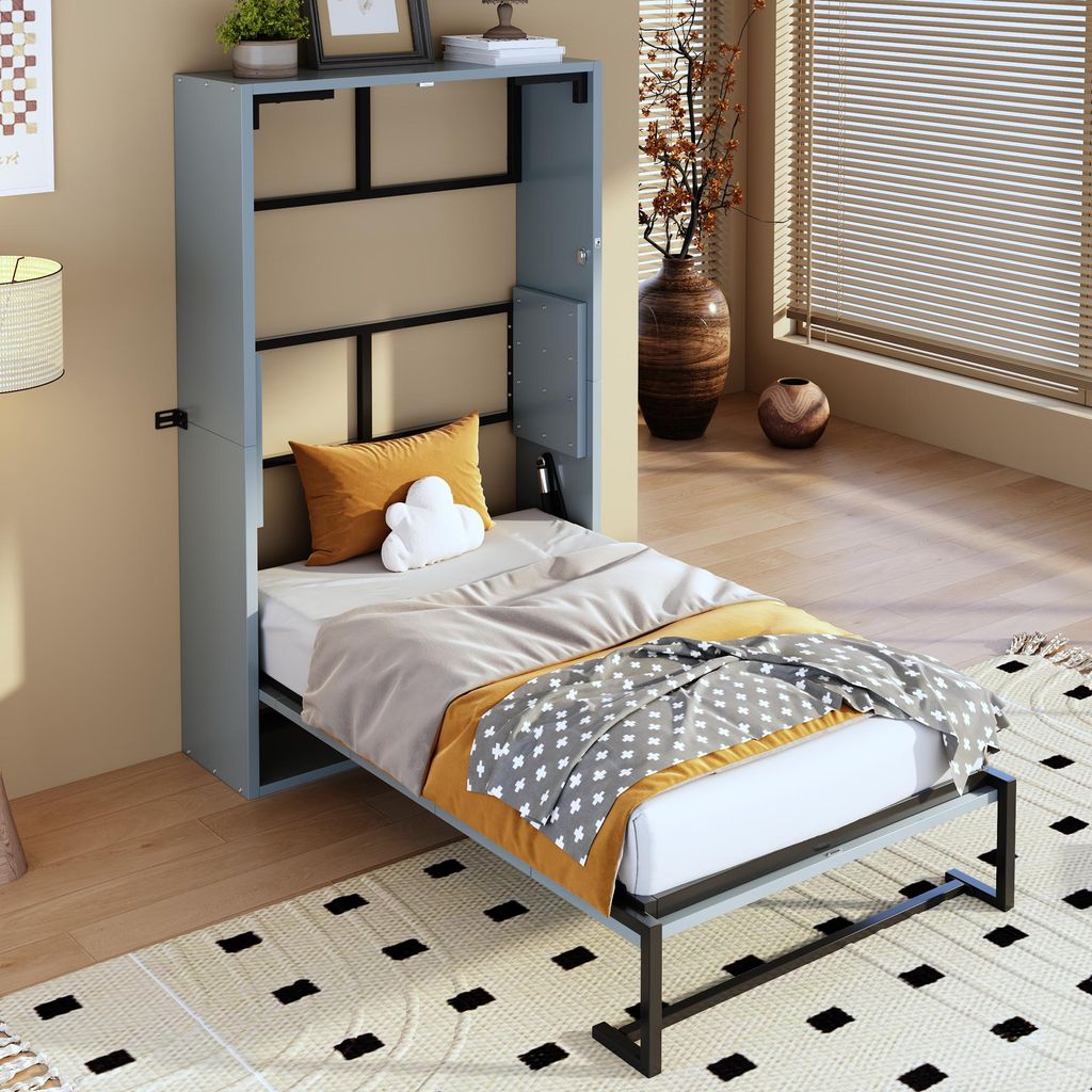 MODFU Schrankbett 90x200 Klappbett Murphy-Bett platzsparend Einzelbett Metallrahmen Wandmontage Metallrahmen ohne Matratze Grau
