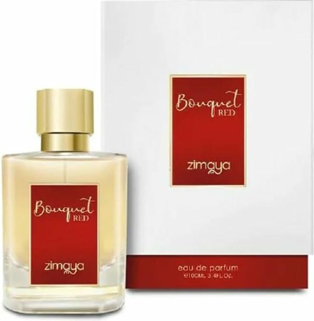A bottle of Zimaya Bouquet Red Eau de Parfum and its packaging are displayed against a white background.