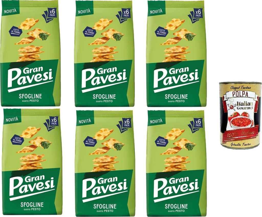 Gran Pavesi Sfogline Snack croccante di pasta sfoglia al gusto di Pesto Knuspriger Blätterteig-Snack mit Pesto-Geschmack, gebacken 6x180gr+Polpa 400g