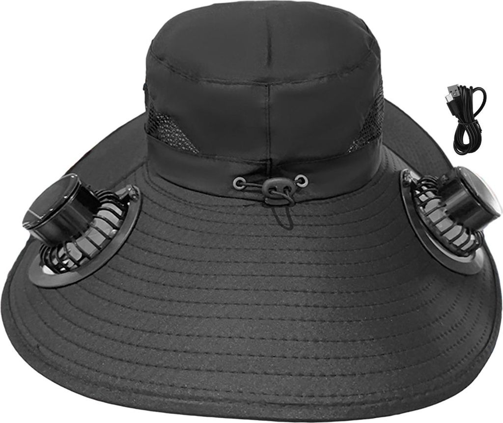 Sonnenhut für Herren mit Lüfterdesign mit doppelter Stromversorgung und dreistufiger Windeinstellung, breiter Krempe, Angelhut, Wanderhut