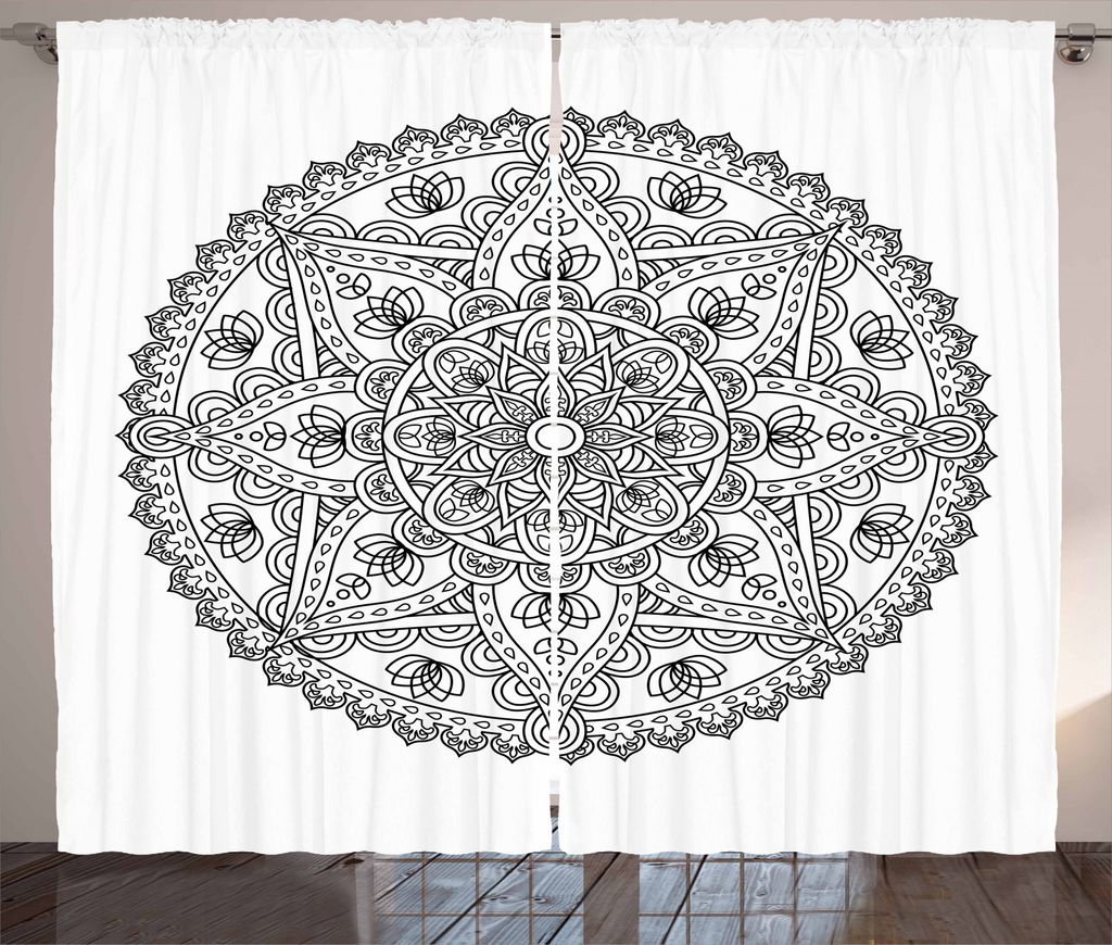 ABAKUHAUS Lotus Rustikaler Vorhang, Rund Boho Motiv-Entwurf, Wohnzimmer Universalband Gardinen mit Schlaufen und Haken, 280 x 245 cm, Grau weiß