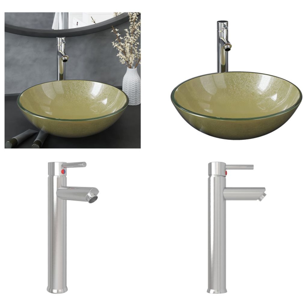 vidaXL Badezimmer Waschbecken mit Wasserhahn und Ablaufgarnitur Gold gehärtetes Glas - Waschbecken - Spülbecken - Waschtisch - Gehärtetes Glas