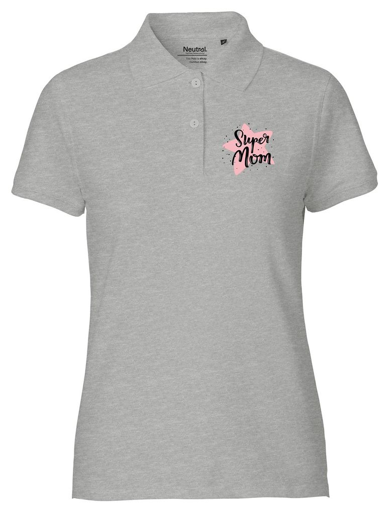 Huuraa Damen Polo Shirt Super Mom Beste Mama XS Sport Grey Bio Baumwolle Fairtrade Poloshirt Geschenkidee