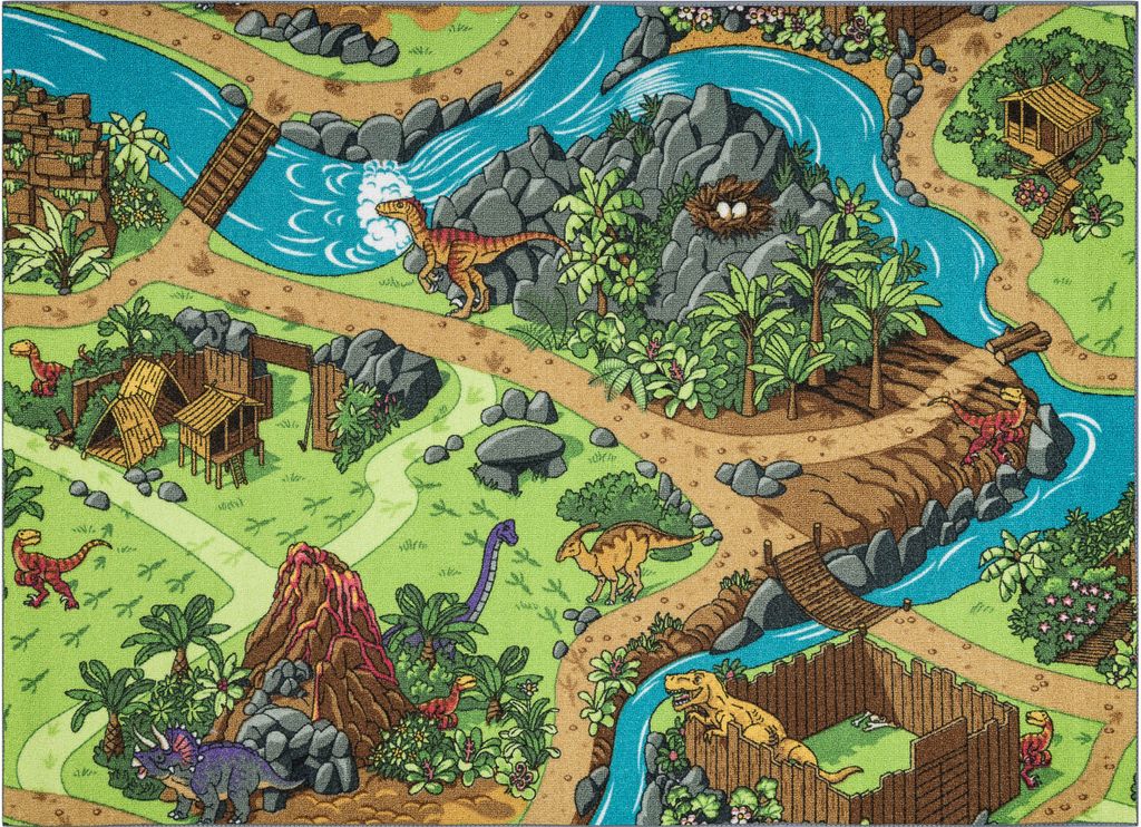 REBEL ROADS TEPPICH Dino World 29 Dinosaurier, rutschfest für Kinder - grau / grün Mehrfarben 95x133 cm