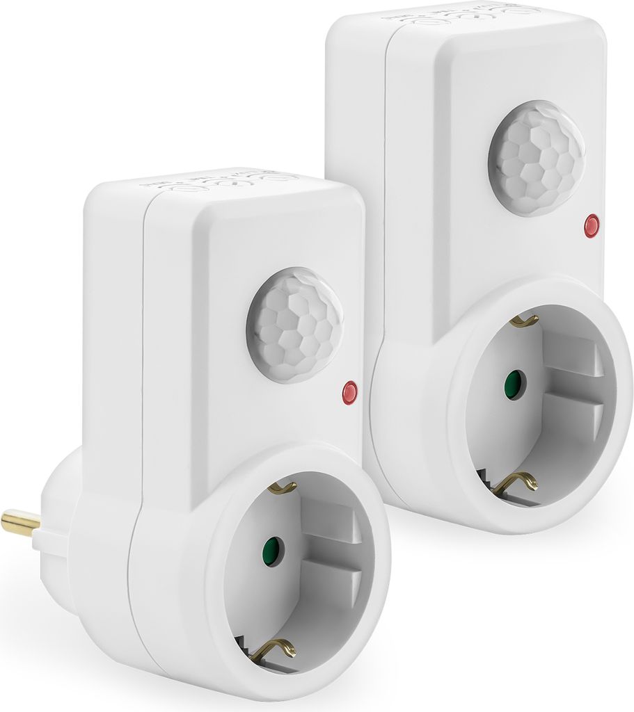 deleyCON 2x Infrarot Bewegungsmelder für Steckdosen im Innenbereich Lichtsteuerung 120° Arbeitsfeld 9m Reichweite eingebauter Lichtsensor einstel...