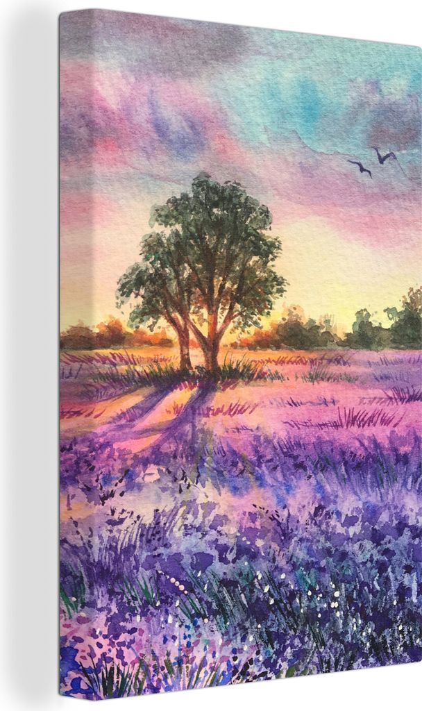 OneMillionCanvasses - Leinwandbilder - 90x140 cm, Lavendel - Farbe - Vögel - Bäume - Lila, Wandbilder Kunstdruck Wanddekoration - Foto auf Lein...