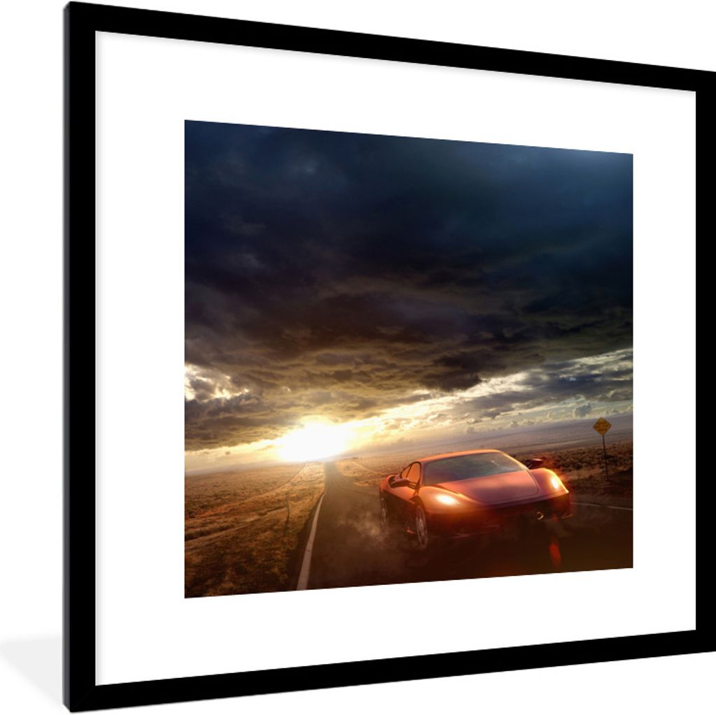 MuchoWow Gerahmtes Poster Schnelles Auto auf abgelegener Straße 40x40 cm - Poster mit Schwarzem Bilderrahmen Wandposter Rahmen Foto Bilder - Pos...