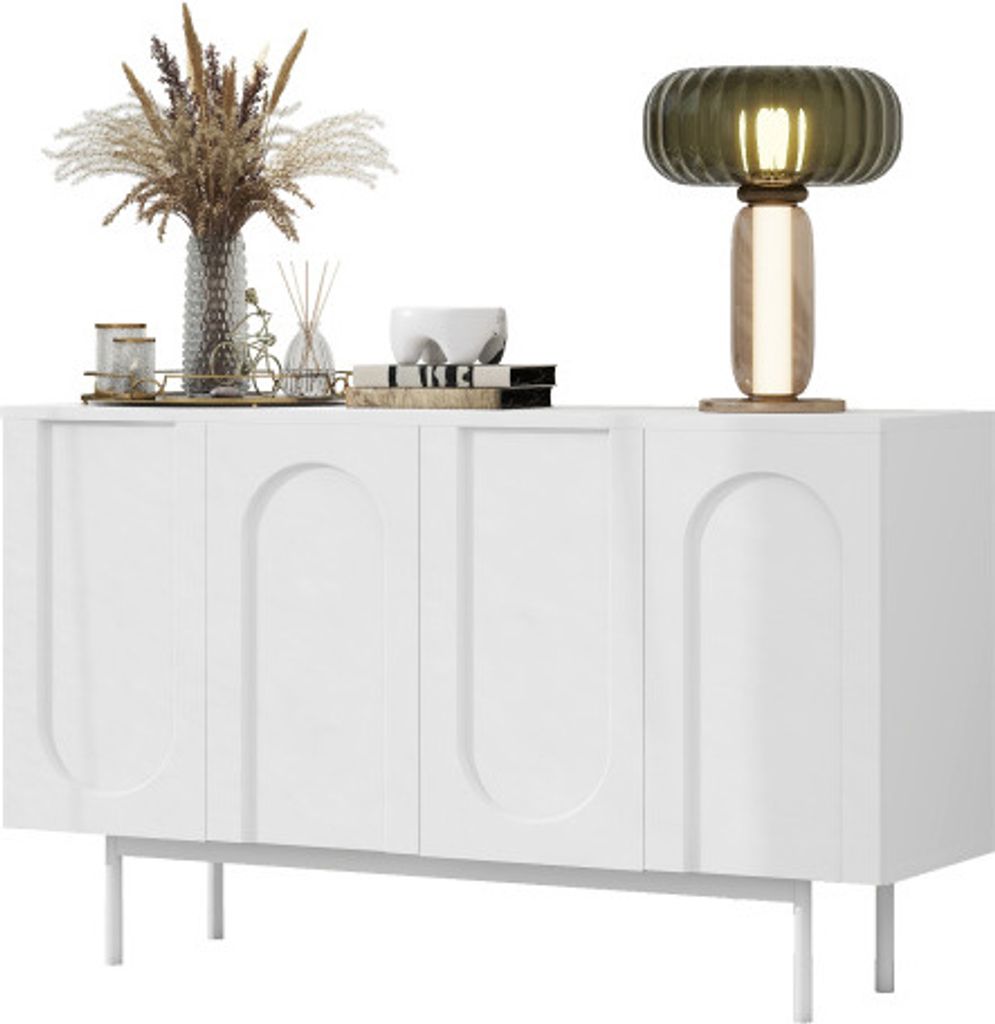 Modern minimalistisches 34.7 ¡Á 58.1 cm (L/B) Weiss MDF reinweisses Sideboard mit 4 Tueren im Bogenmuster fuer Esszimmer und Wohnzimmer