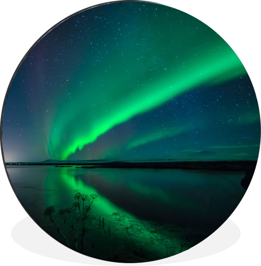 MuchoWow Aluminium Wandkreis Nordlicht - Island - Sternenhimmel - Grün - Wasser Ø 30 cm Wanddeko Modern Wohnzimmer - Wand Bild - Wohnzimmer - R...