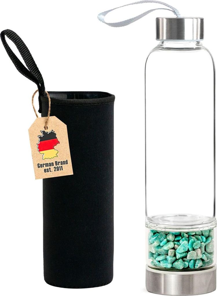 Intirilife Trinkflasche Wasserflasche mit Heilsteinen mit schwarzer Tasche - Türkis - 400 ml Füllmenge - Flasche mit Edelsteinen Mineralsteinen