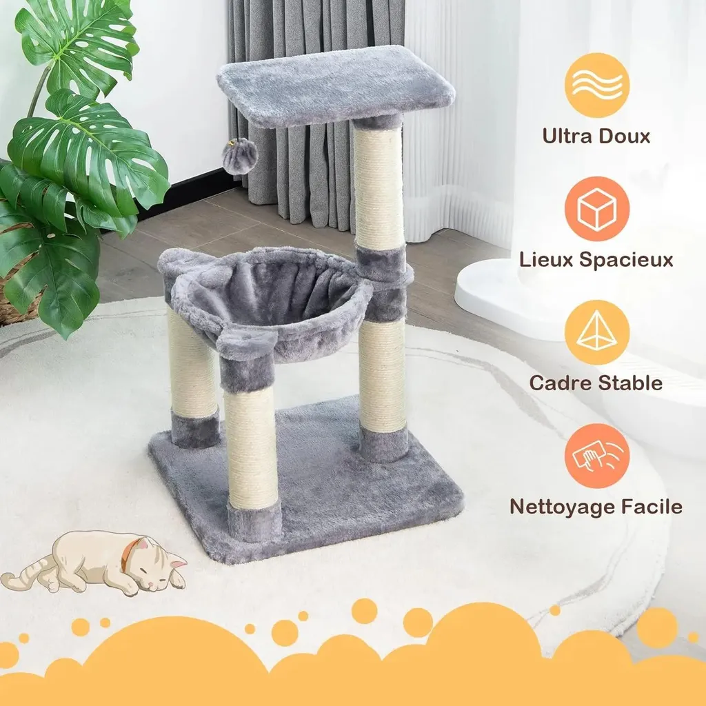 Arbre à chat résistant aux griffures en bois gris avec peluche douce - 5