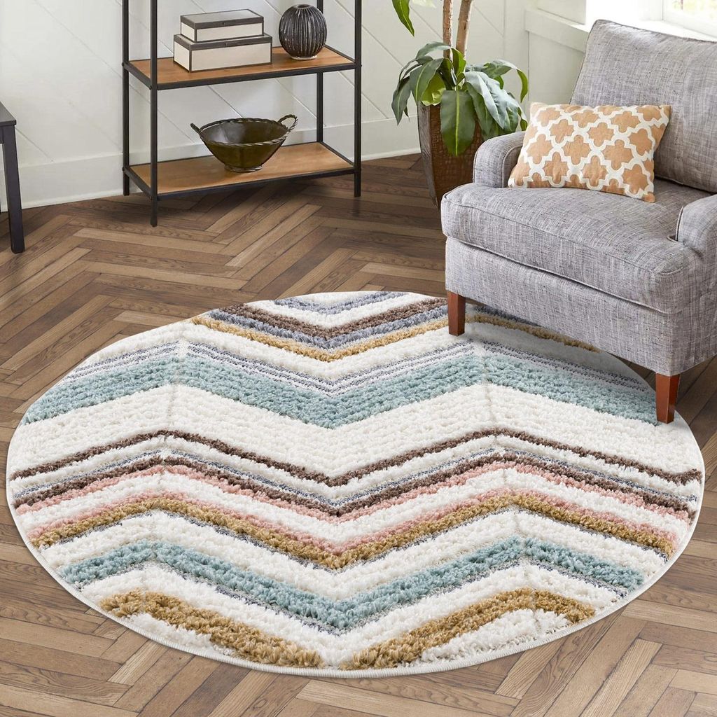 Teppich Hochflor Wohnzimmer - 200 cm Rund in Creme - Chevron-Muster Modern 3D-Effekt