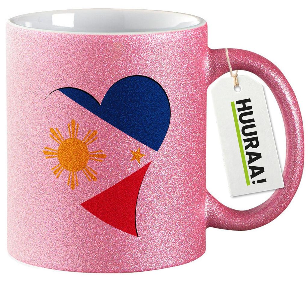 Huuraa Glitzertasse Philippinen Flagge Herz 330ml Pink Keramik Kaffeebecher Geschenkidee