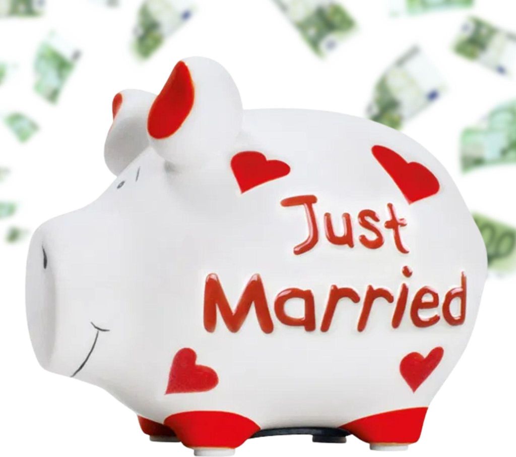 Spardose Hochzeit Sparschwein JUST MARRIED weiß, rot 12,5 cm
