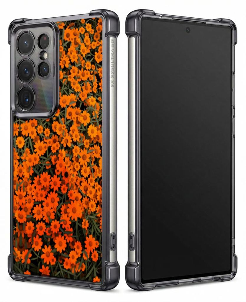 Personalisierte Hülle mit Bild für Samsung Galaxy S23 Ultra Elektroplattiert TPU Stoßdämpfer Handyhülle mit Orangefarbenes Blumenmuster