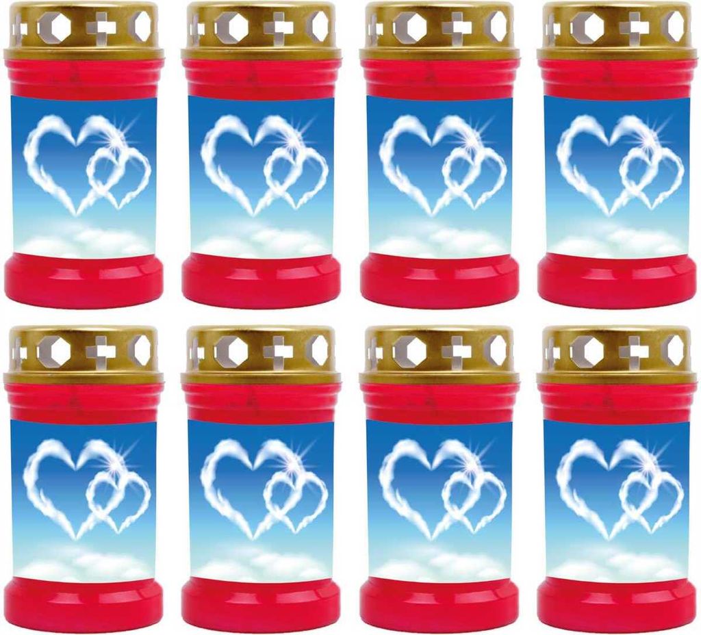 Grabkerze Rot 8er Pack, Brenndauer: 40 Stunden ( je Kerze ), Motiv: Herz