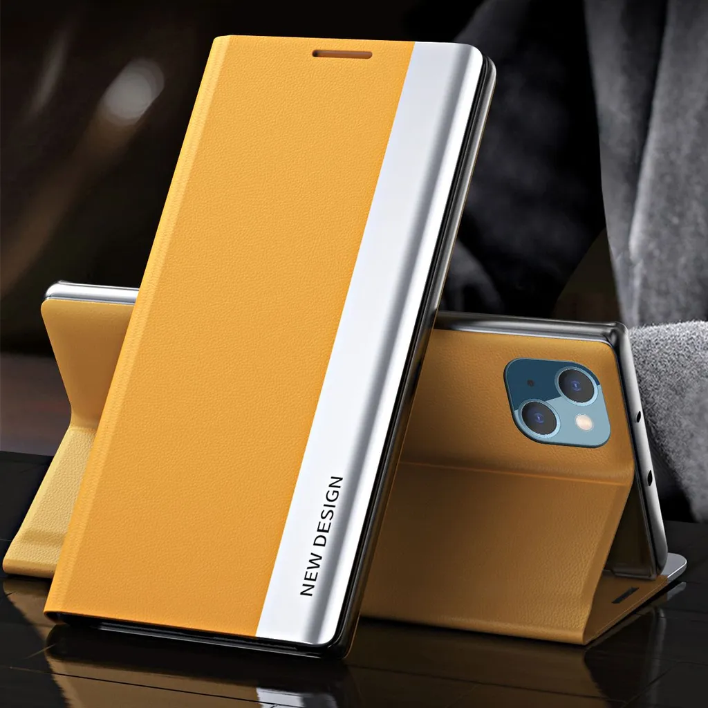 Custodia Elegante iPhone 15 Giallo Cuoio Vegano con MagSafe e Stand - 2