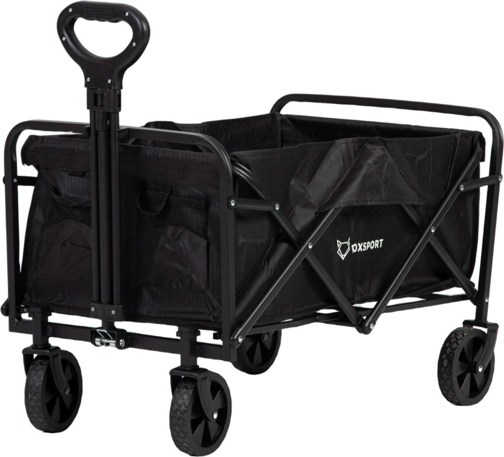 A black folding wagon with a telescoping handle and four wheels, shown from a slightly elevated front-left angle against a white background.