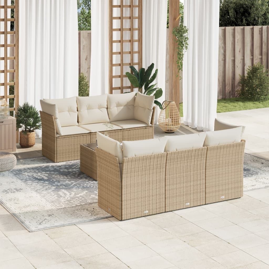 CLORIS 7-tlg. Garten-Sofagarnitur - mit Kissen - Beige Poly Rattan - Gartenmöbelgarnituren LL0000256232