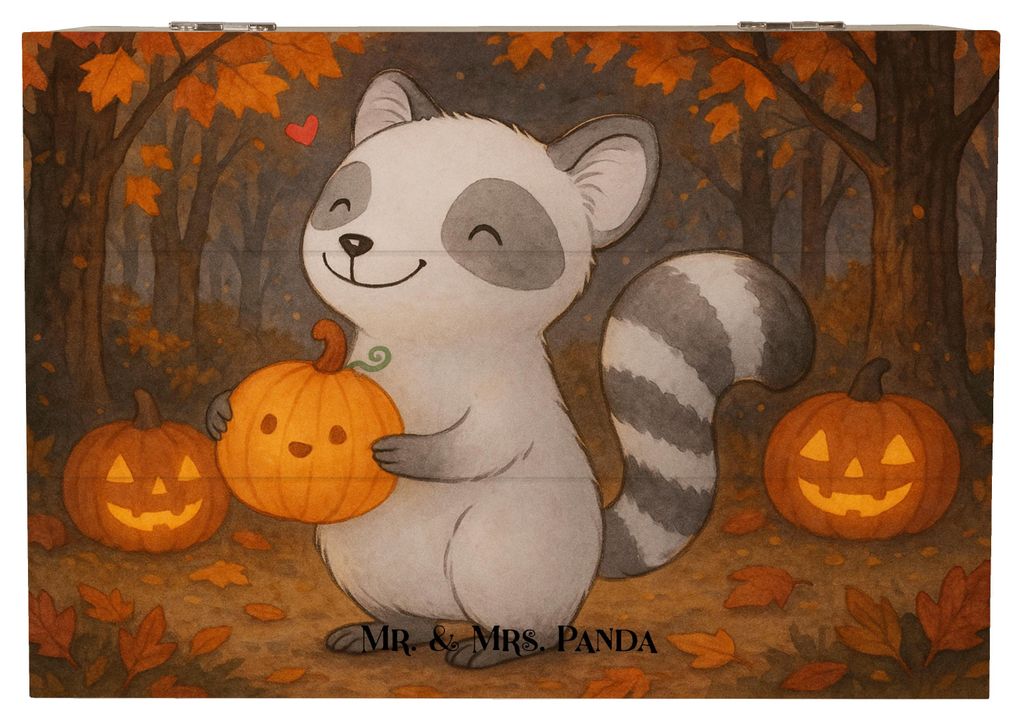 Mr. & Mrs. Panda Holzkiste Waschbär Kürbis Design 22 x 15 cm - Weiß - Geschenk, Trick Or Treat, fotobox, Box, Schatulle, Süßes Sonst Gibt's Sa...