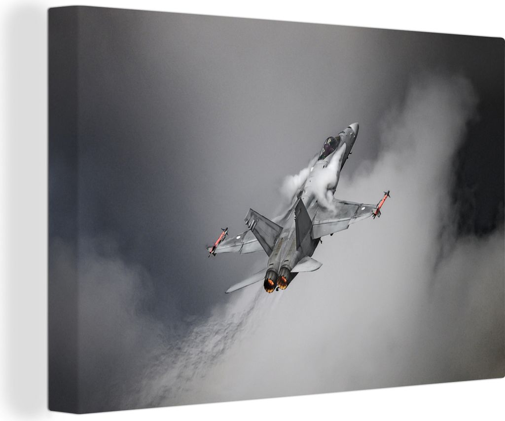 OneMillionCanvasses - Leinwandbilder - 150x100 cm, Düsenjäger am grauen Himmel und in den Wolken, Wandbilder Kunstdruck Wanddekoration