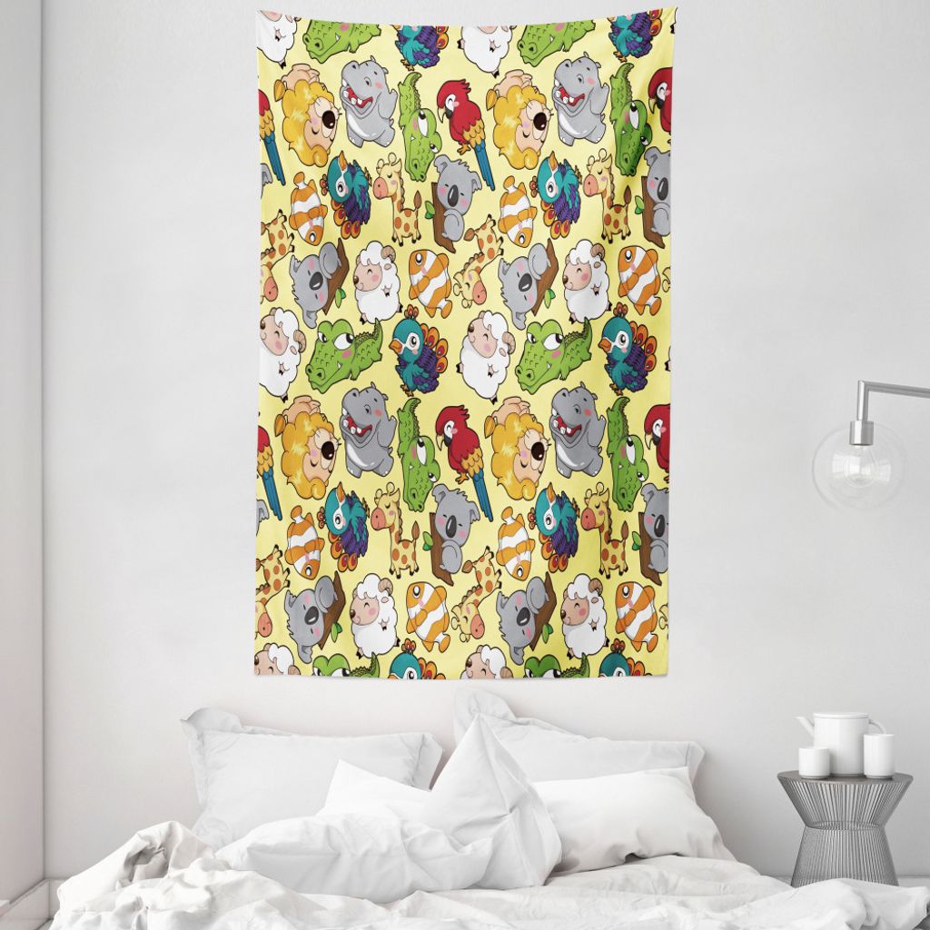ABAKUHAUS Tiere Wandteppich und Tagesdecke, Hippo Giraffe Koala aus Weiches Mikrofaser Stoff Waschbar ohne Verblassen Digitaldruck, 140 x 230 cm, M...