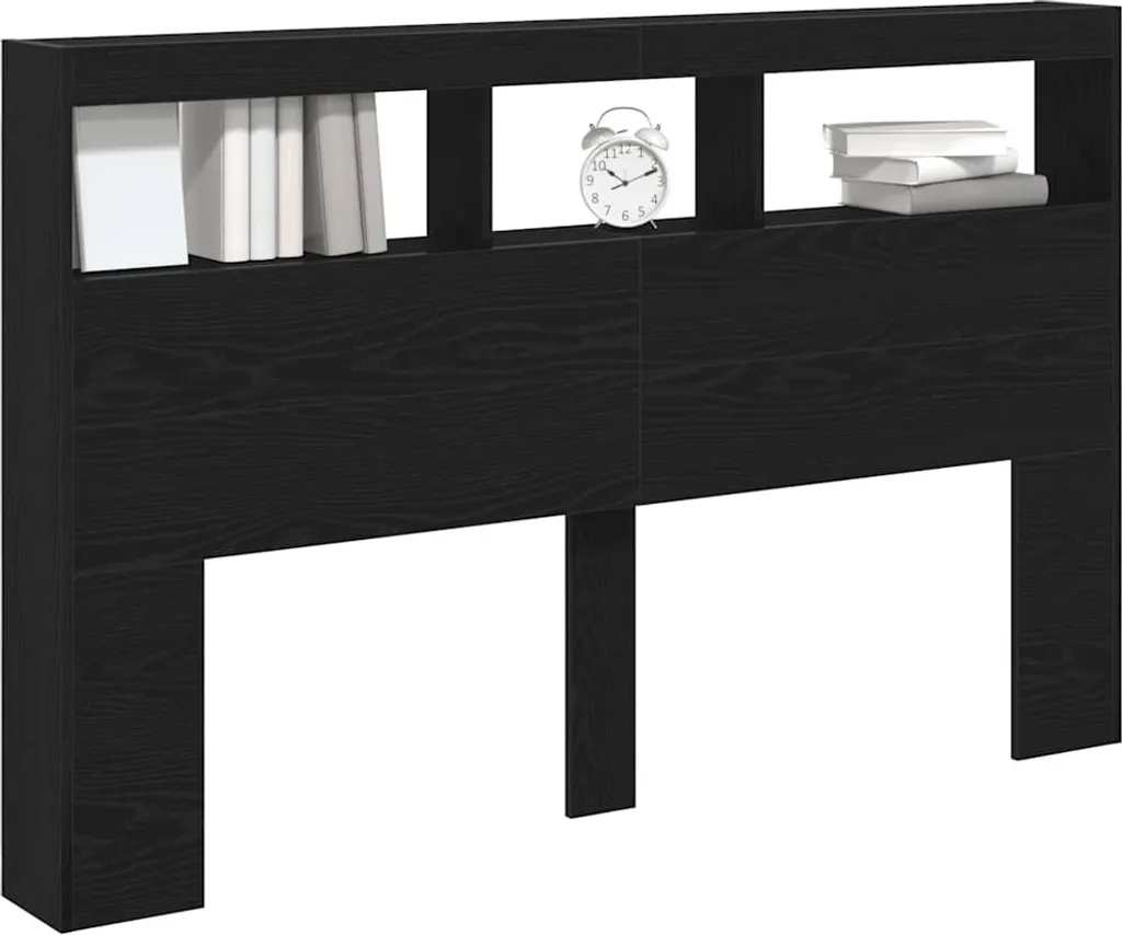Tête de lit LED 160 cm Noir imitation Chêne avec rangements malins