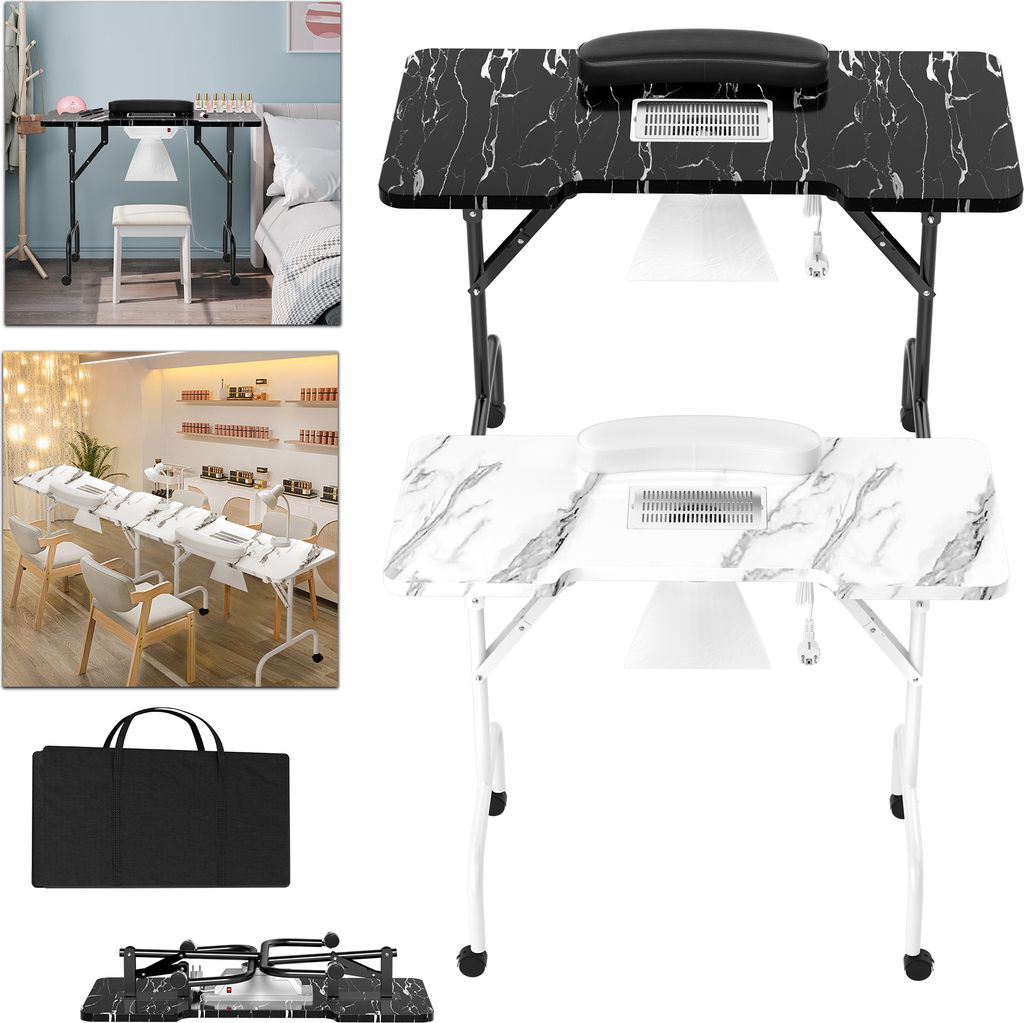 UISEBRT Manikürtisch für Nagelstudio, Nageltisch mit Rollen, ideal für Nagelrekonstruktion, professioneller Nageltisch in Weiß, mobiler Tisch