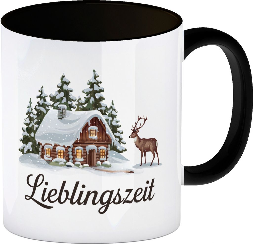 Holzhütte mit Rentier- Lieblingszeit Kaffeebecher in schwarz
