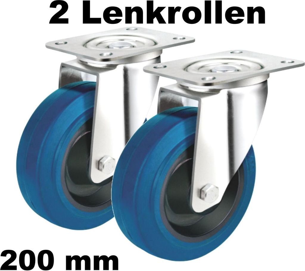 2 Lenkrollen 200mm schwer-last bis 200 kg Reifen aus Elastik Gummi Blue Wheel