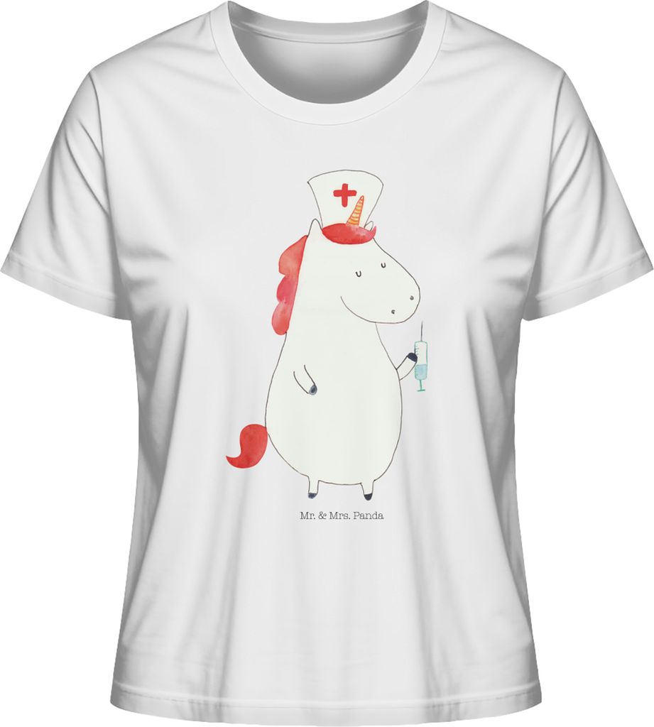 Mr. & Mrs. Panda Kurzarmshirt Damen Einhorn Krankenschwester Größe L - Weiß - Geschenk, Oberteil, Krankenhaus, Baumwoll T-Shirt, Ärztin, Unicor...