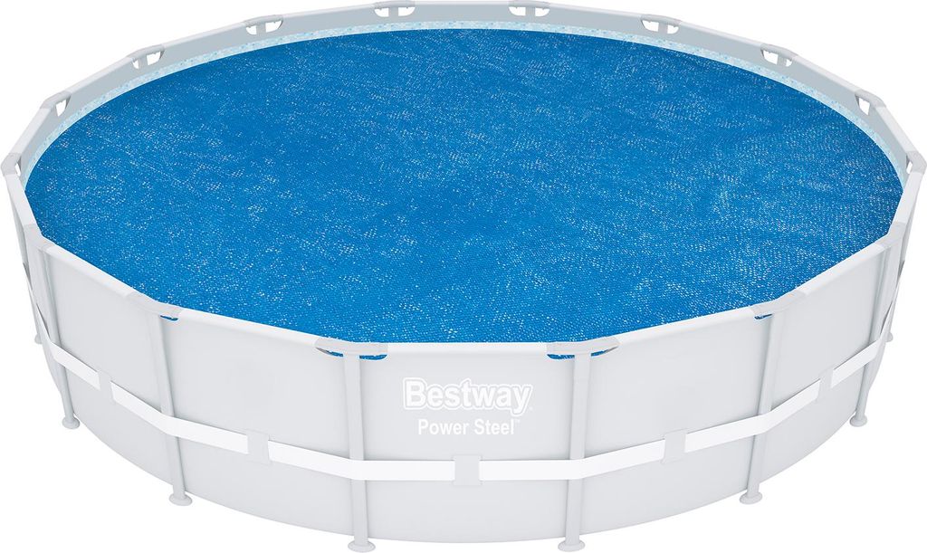 A round swimming pool cover on a white background.