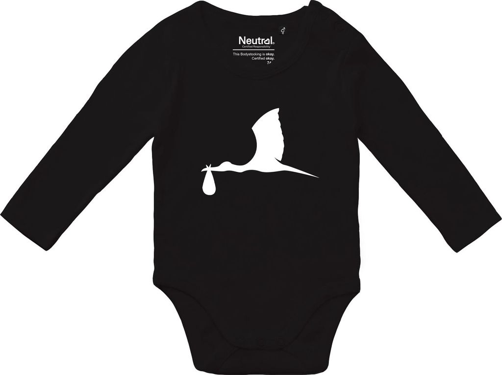 Huuraa Baby Body Klapperstorch mit Baby Silhouette 74 Black Baumwolle Fairtrade Langarmbody Geschenkidee