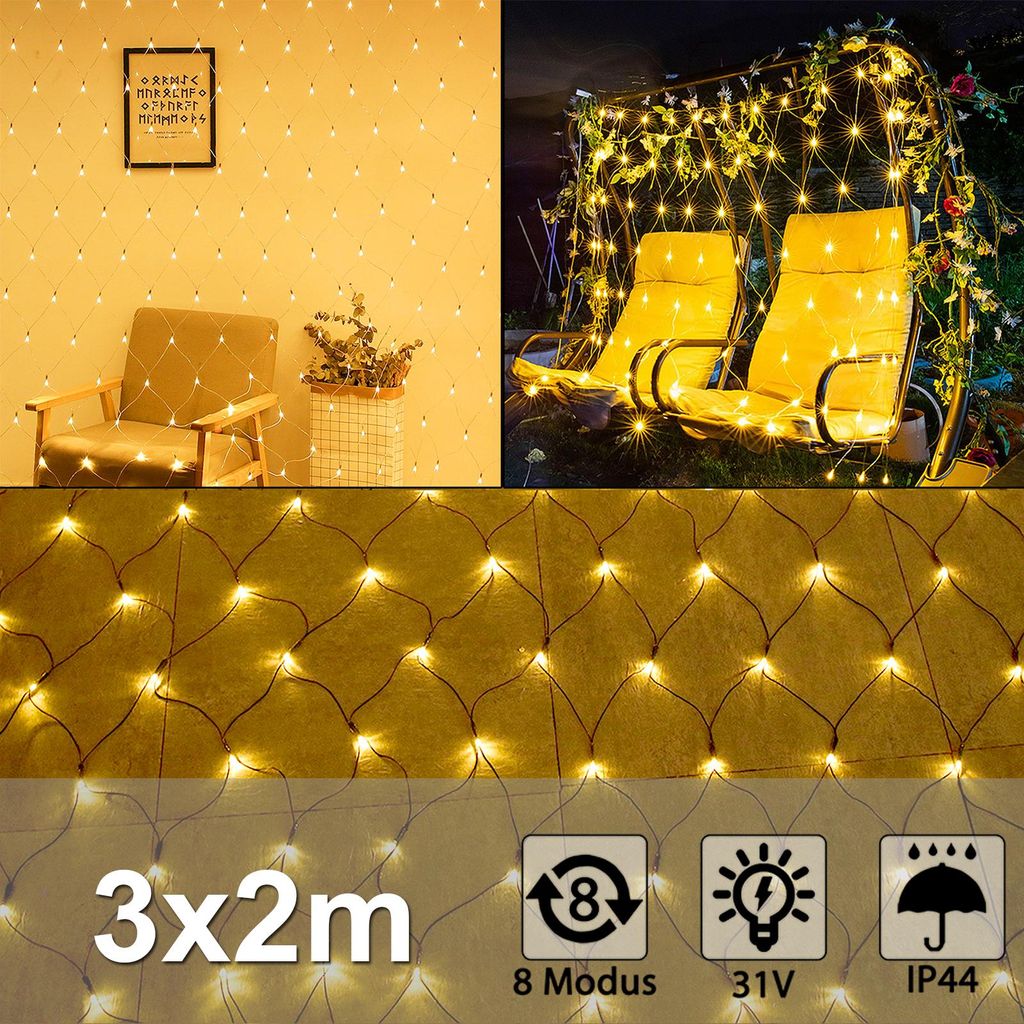 XINZI LED Netzlichter 3x2m - Fairy Lights, 8 Leuchtmodi warmweiß, IP44, Weihnachtsbeleuchtung Dekoration für Innen, Garten, Hochzeit, Party, Hall...