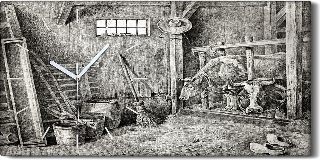 Wanduhr Bürouhr Leinwand Bild 60x30 Zeichnen von Tieren Kühe Stall Kunst - weiße Hände