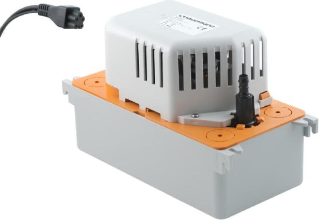 A condensate pump with a power cord is shown against a white background.