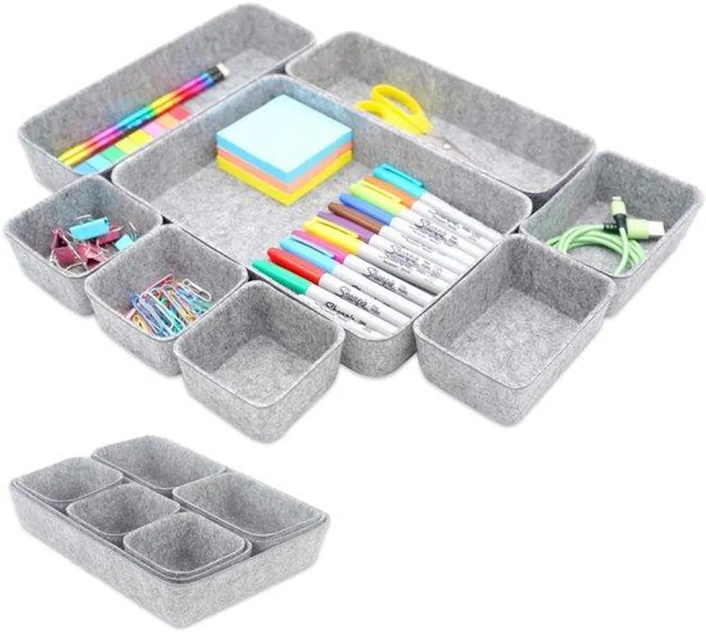 Bac de rangement tiroir gris clair 8 pièces pour cuisine et bureau