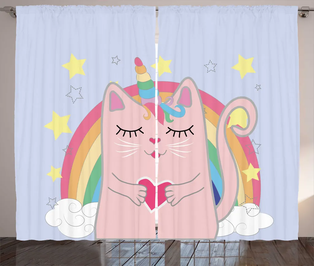 Rideau à Fronces Imprimé Chat et Arc-en-ciel pour Chambre Fille Rose