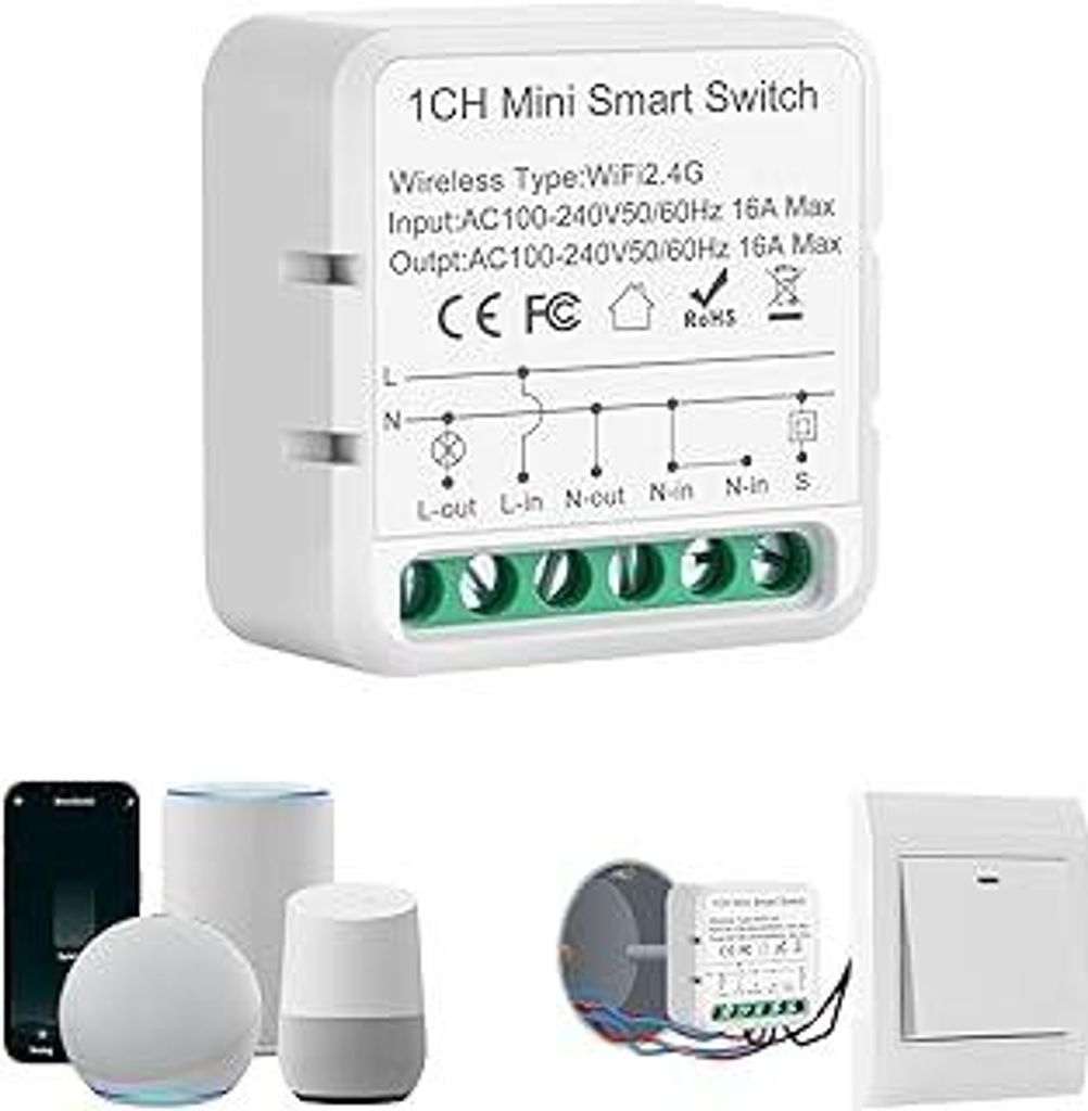 Lichtschalter Smart Life, 2.4G Wlan Schalter Module, Mini Smart Switch Kompatibel mit Sprachassistent Alexa, Smart Life, Tuya, Eingebauter Lichtsch...