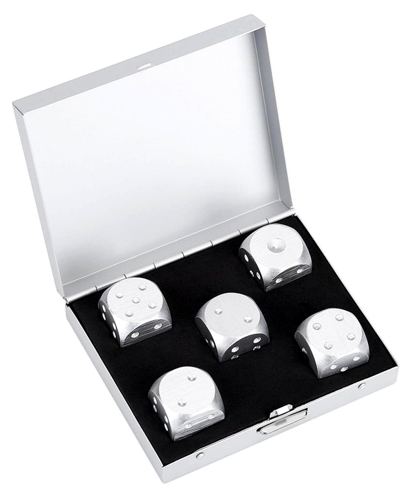 5-teiliges Tischspiel-Pokerwürfel-Set aus Aluminiumlegierung mit Aufbewahrungsbox (Rechteck 15 x 15 cm)