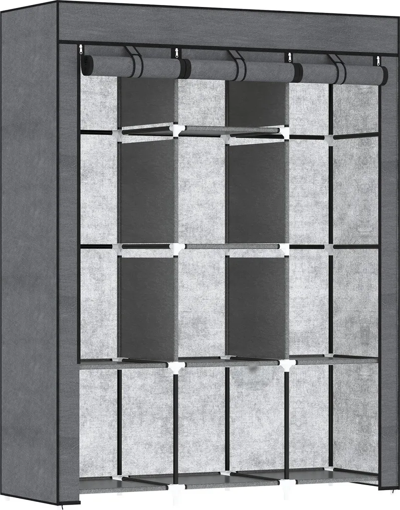 Armoire pliante en tissu grise avec 8 compartiments et 2 penderies