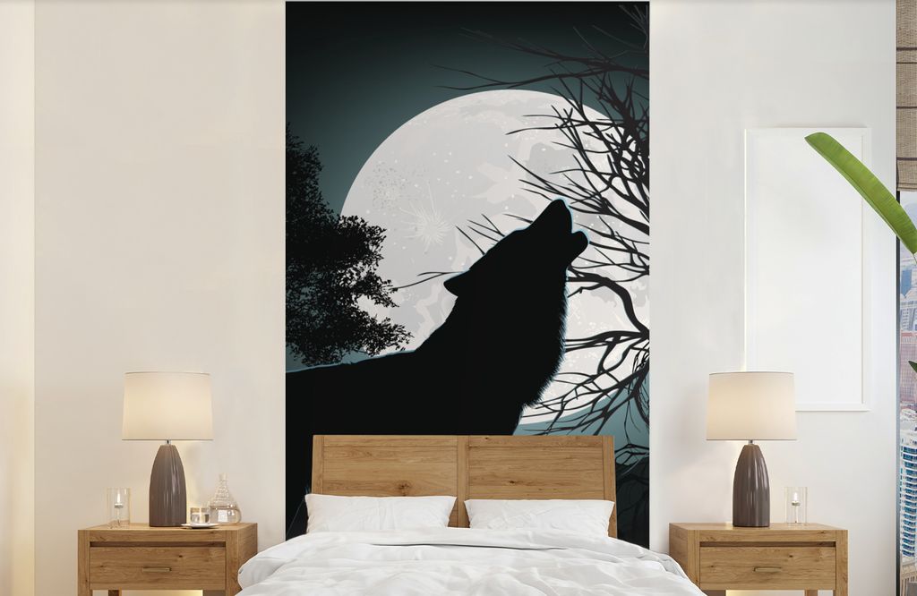 MuchoWow Fototapete für Wohnzimmer oder Schlafzimmer Wandtapete Vinyl Motivtapete Wolf - Scherenschnitt - Mond - 120x240 cm - Hintergrundbild
