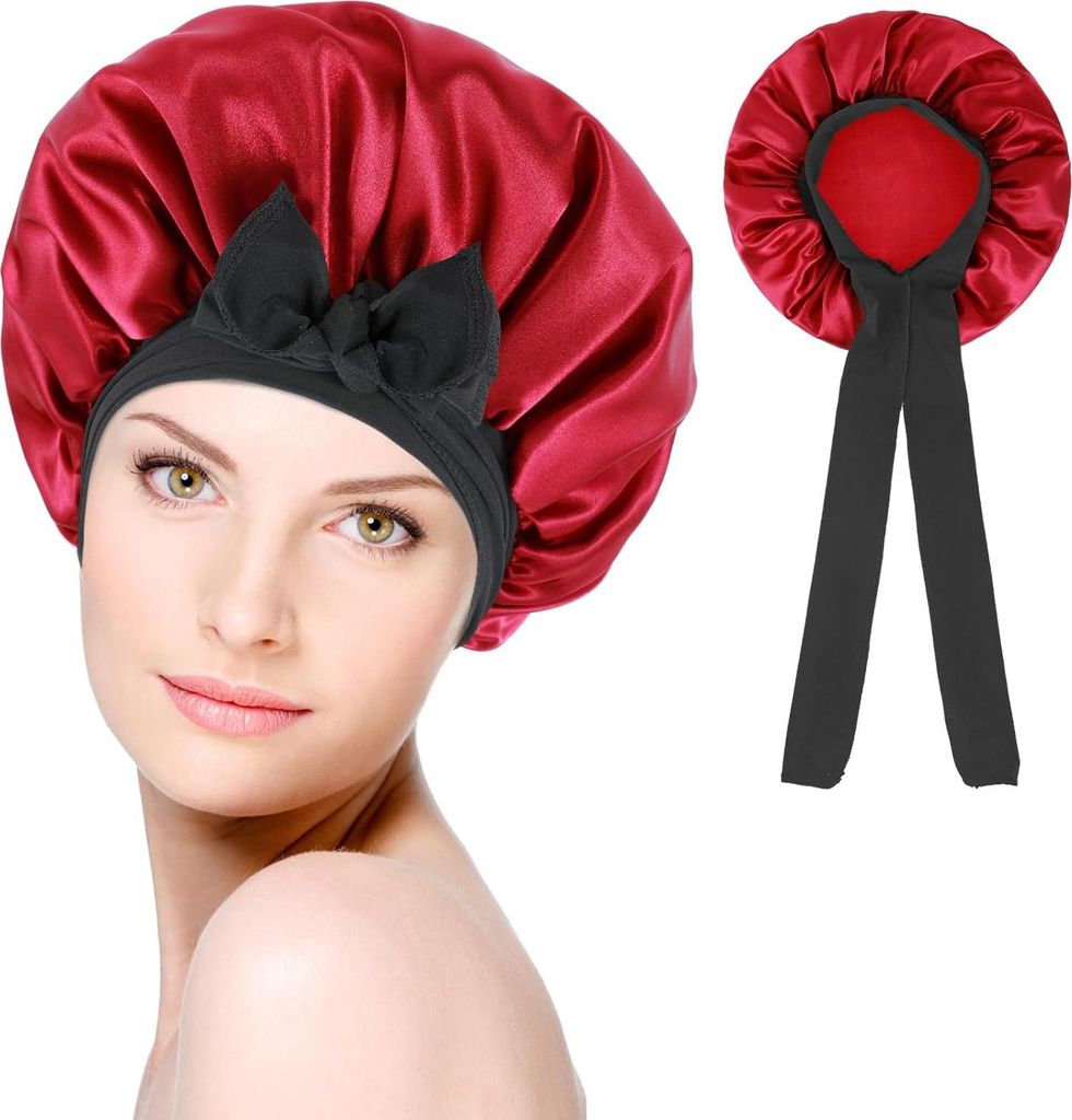Douchemütze für Damen aus Satin mit Seidenhaube und schwarzem Band - ideal zum Schlafen und Duschen (rot + schwarz)