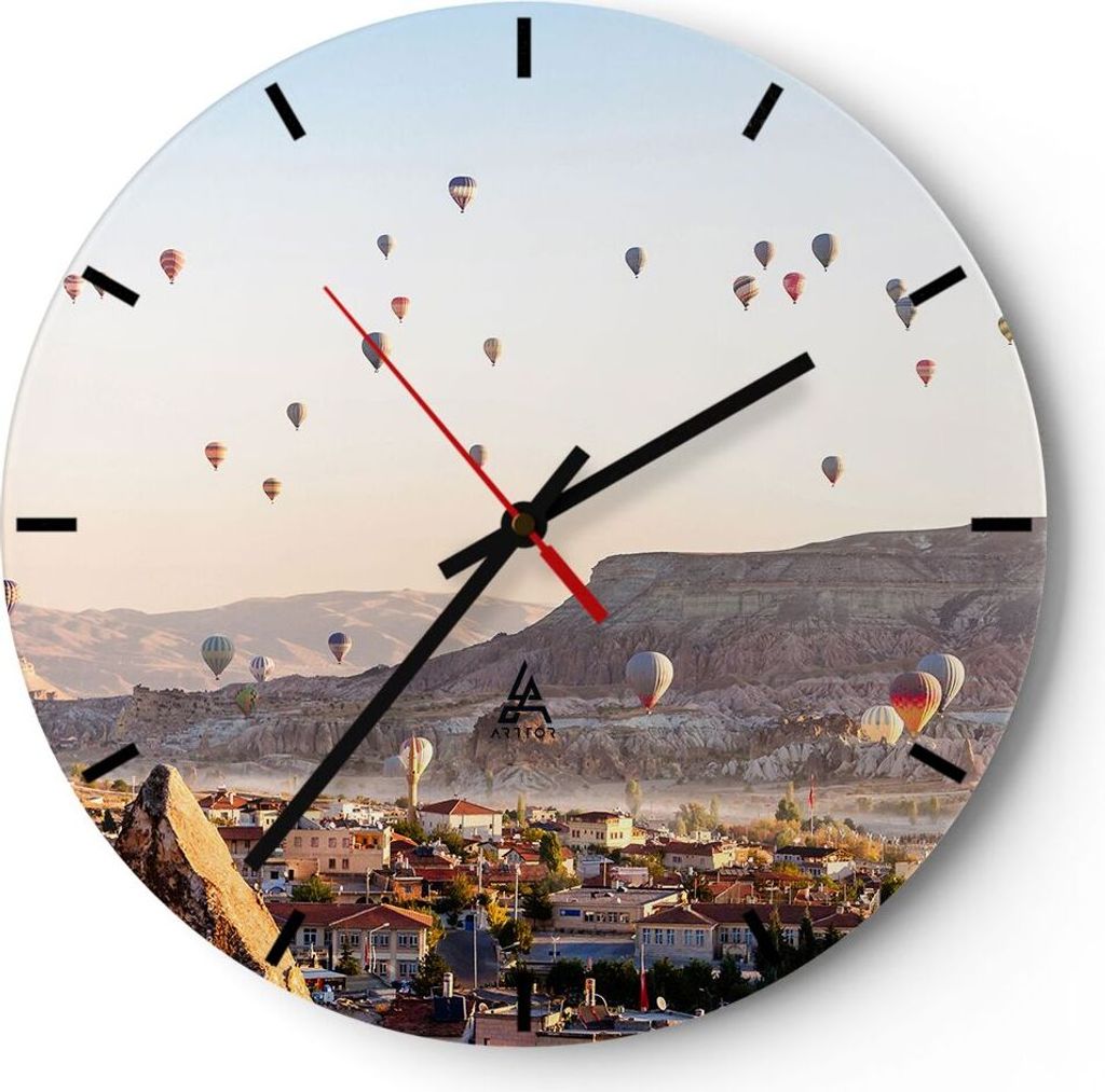 Wanduhr - Rund - Glasuhr - Berge Ballon Flug - 40x40cm - Schleichendes Uhrwerk - Lautlos - zum Aufhängen bereit - Dekoration Modern - Wanddekorati...