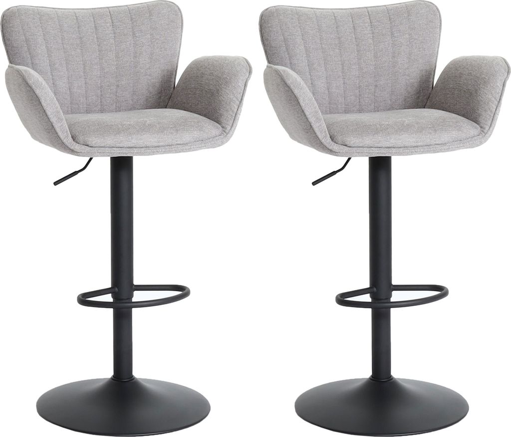 2er-Set Barhocker HWC-M67, Barstuhl, mit Armlehne Fußablage drehbar Stoff/Textil Eisen hellgrau Fuß schwarz