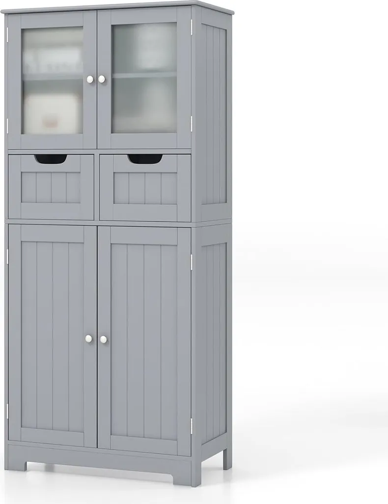 Commode de Salle de Bain Haute avec Étagères Réglables en Bois Gris