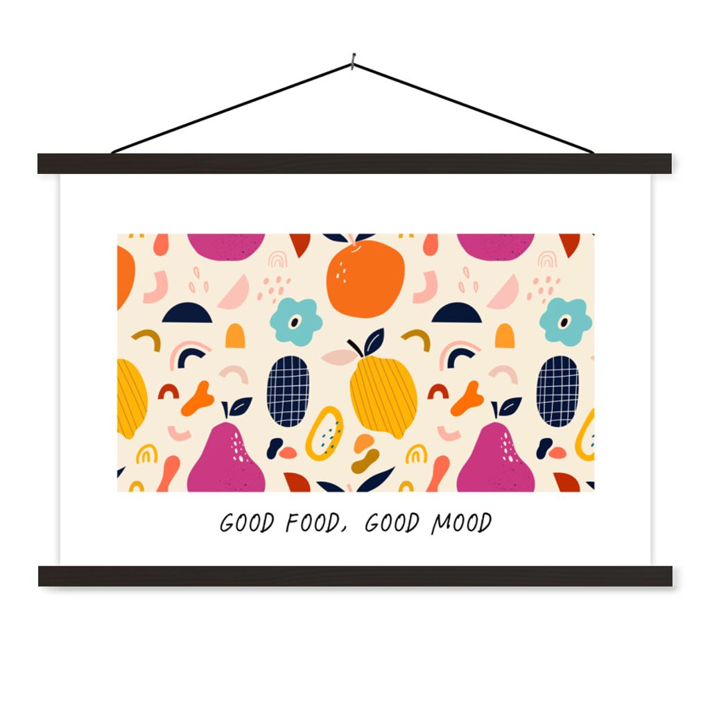 MuchoWow Textilposter Zitate - Sprichwörter - Gutes Essen, gute Laune - Essen 60x40 cm mit schwarzem Rahmen - Hölzernes